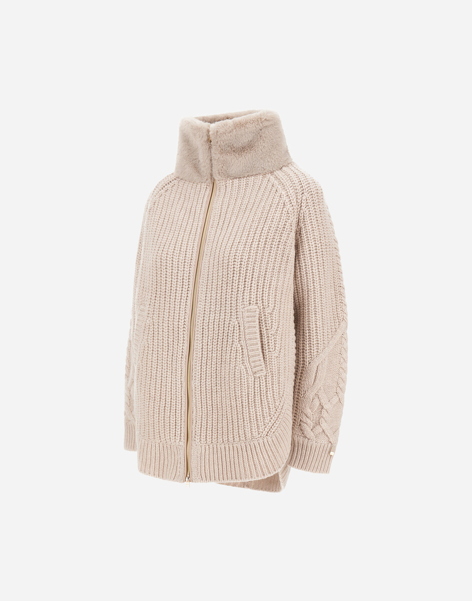 JACKE AUS WOLLE MIT RELIEFSTRUKTUR UND IN PELZ-HAPTIK MIT BIBERFELLOPTIK