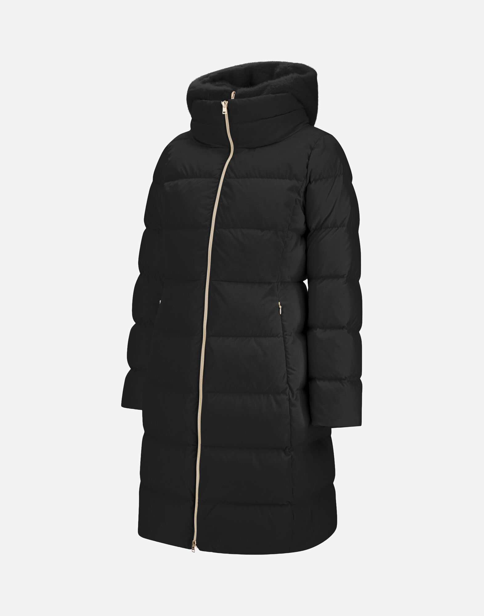 LONG JACKET IN SATIN AND BEAVER-EFFECT FUR-TOUCH