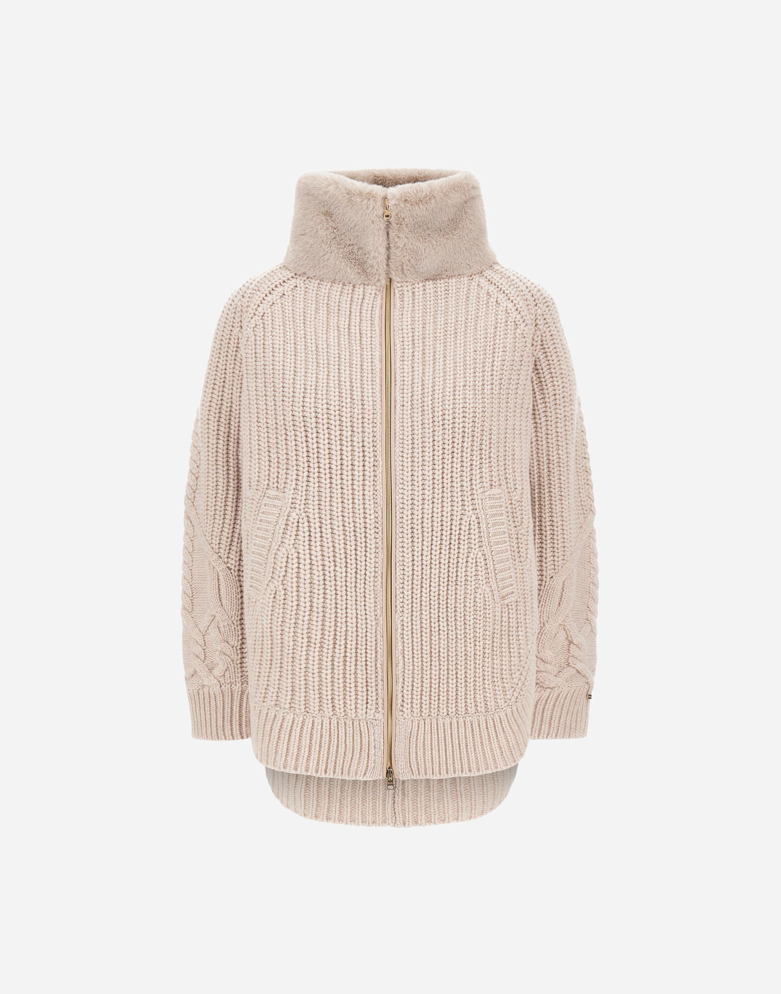 JACKE AUS WOLLE MIT RELIEFSTRUKTUR UND IN PELZ-HAPTIK MIT BIBERFELLOPTIK
