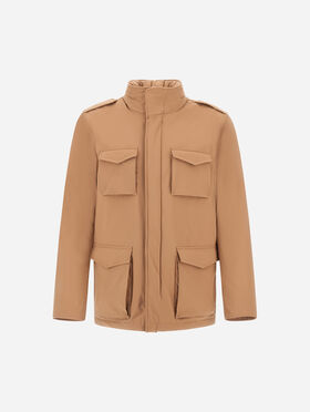 FELDJACKE RESORT AUS BOUCLÉ-GEWEBE AUS WOLLE UND MIKROFASER MIT VELOURSLEDEREFFEKT