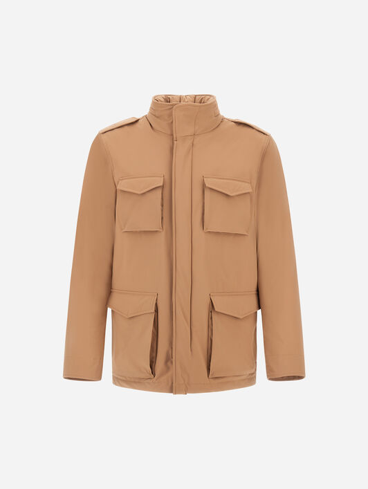 FELDJACKE RESORT AUS BOUCLÉ-GEWEBE AUS WOLLE UND MIKROFASER MIT VELOURSLEDEREFFEKT