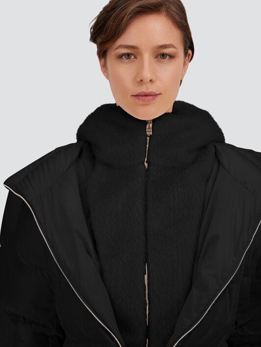 LONG JACKET IN SATIN AND BEAVER-EFFECT FUR-TOUCH