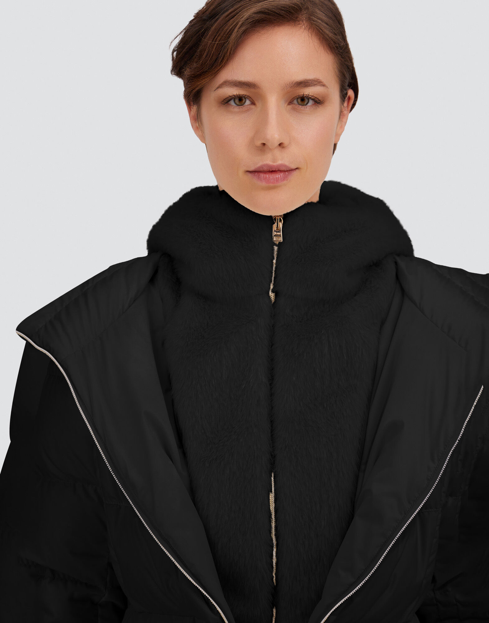 LONG JACKET IN SATIN AND BEAVER-EFFECT FUR-TOUCH