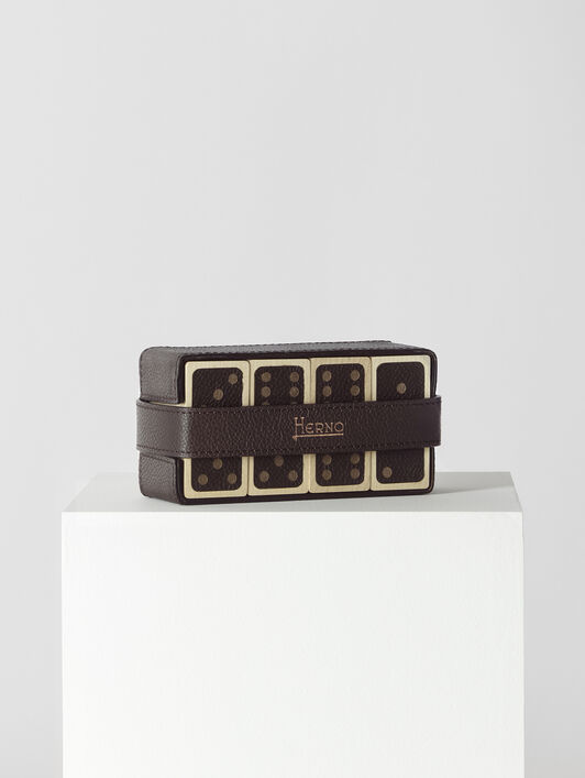WOOD AND LEATHER DOMINOES SET