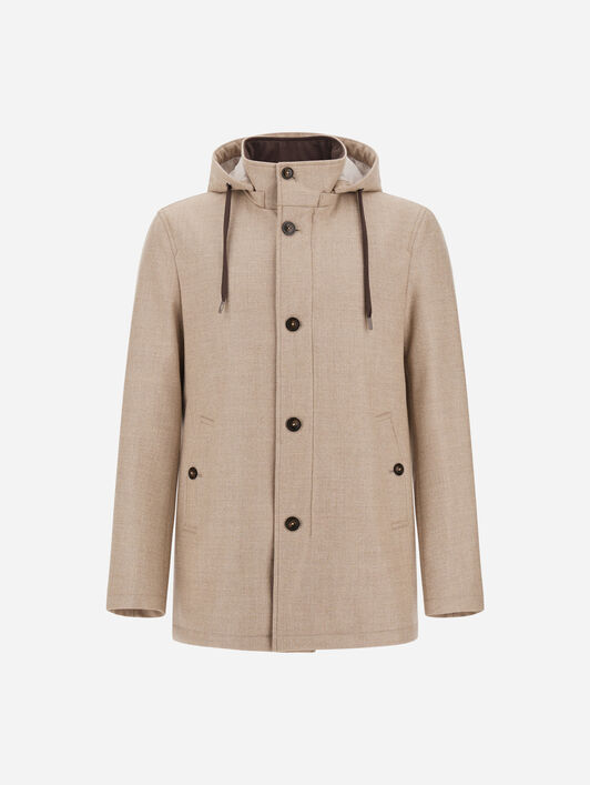 KURZER PARKA AUS WOLLE, SEIDE UND SUEDE EFFECT
