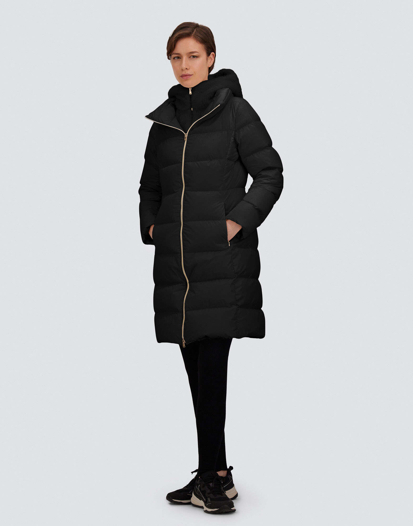 LONG JACKET IN SATIN AND BEAVER-EFFECT FUR-TOUCH
