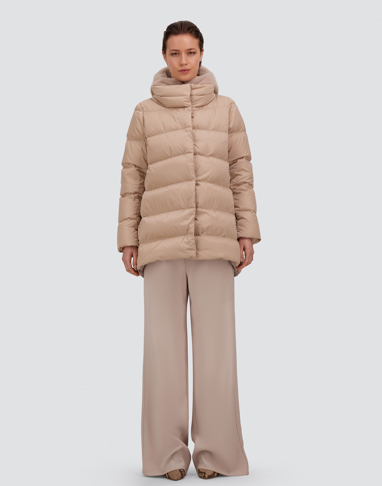 A-SHAPE JACKET IN SATIN AND LADY ALTERNATIVE FUR