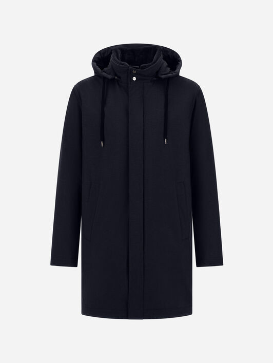 RESORT PARKA IN MELANGE-EFFECT STRETCH NYLON AND LIGHT FAUX FUR