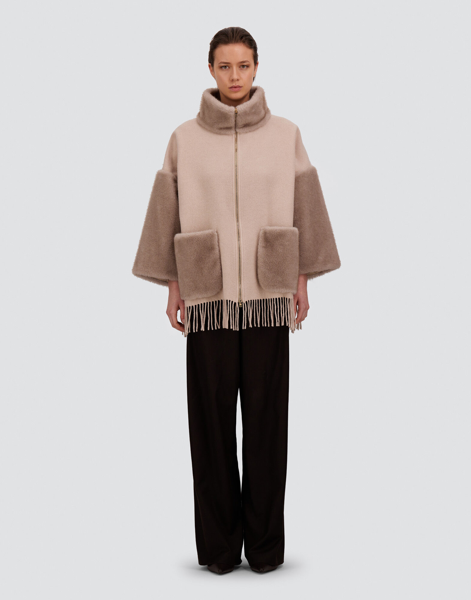 WOOL, CASHMERE AND MINK-EFFECT MÉLANGE PONCHO