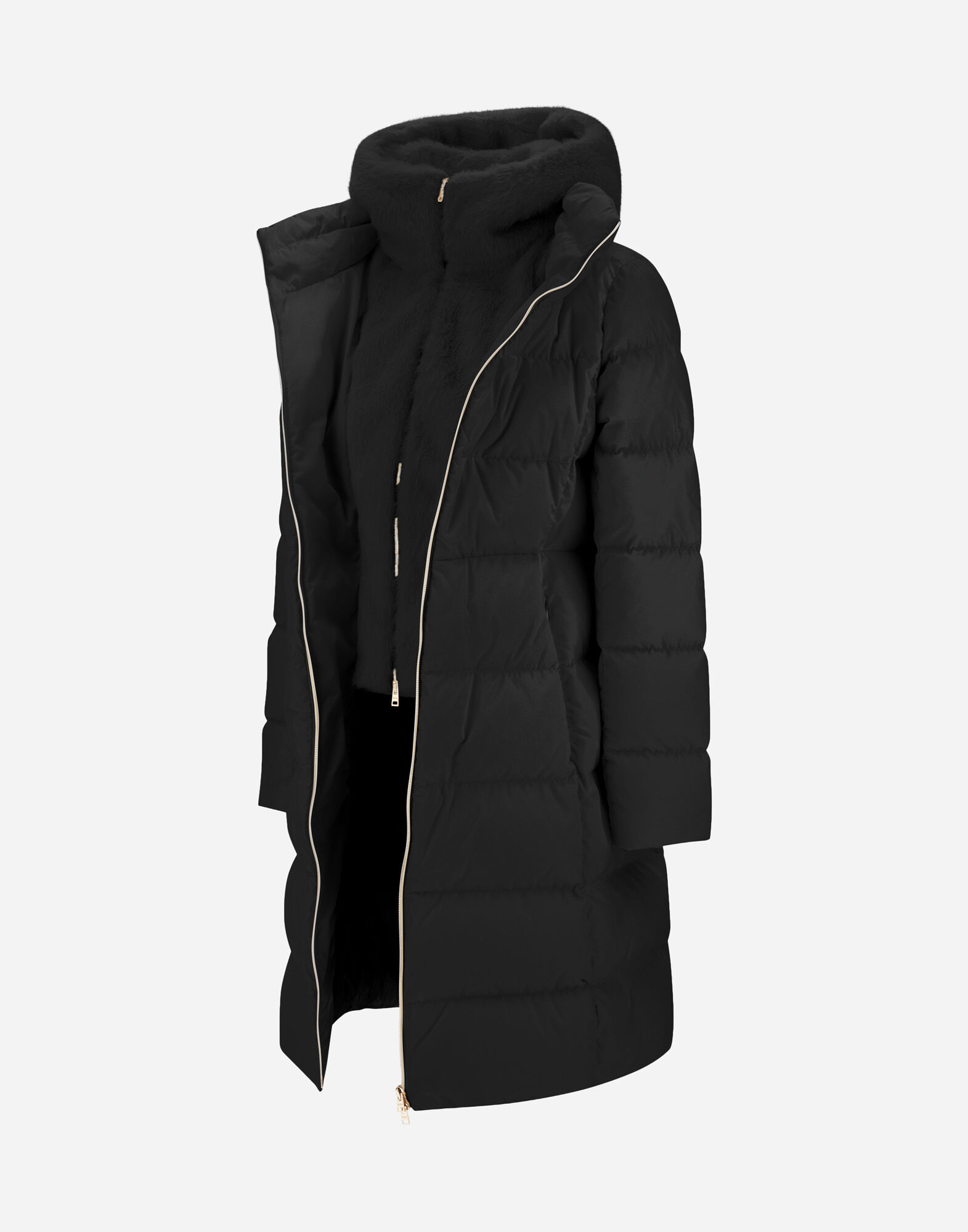 LONG JACKET IN SATIN AND BEAVER-EFFECT FUR-TOUCH
