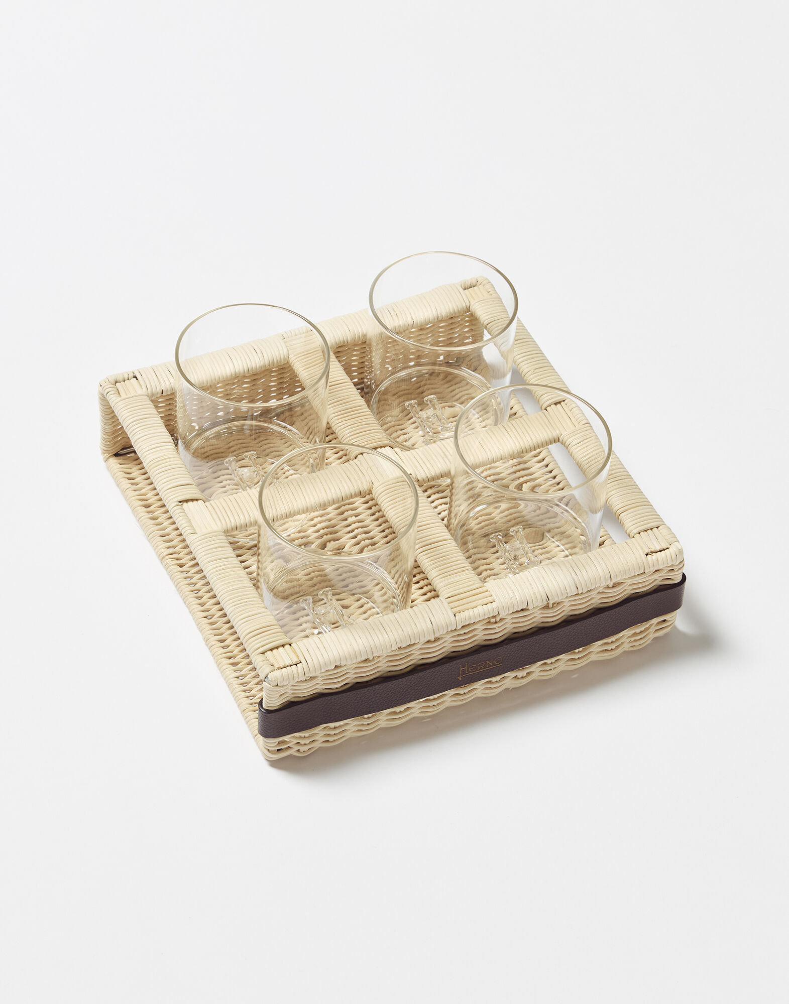 RATTAN TRAY WITH SET OF 4 GLASSES