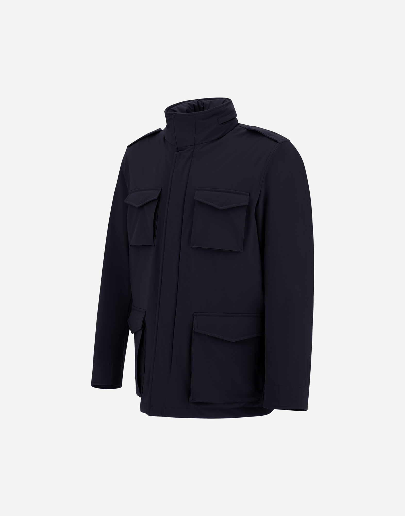 FELDJACKE RESORT AUS BOUCLÉ-GEWEBE AUS WOLLE UND MIKROFASER MIT VELOURSLEDEREFFEKT
