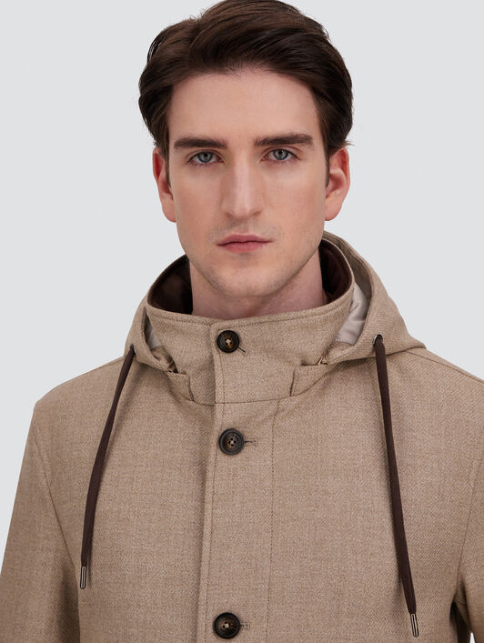 KURZER PARKA AUS WOLLE, SEIDE UND SUEDE EFFECT