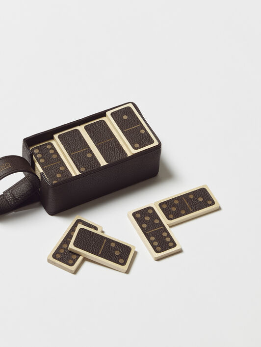 WOOD AND LEATHER DOMINOES SET