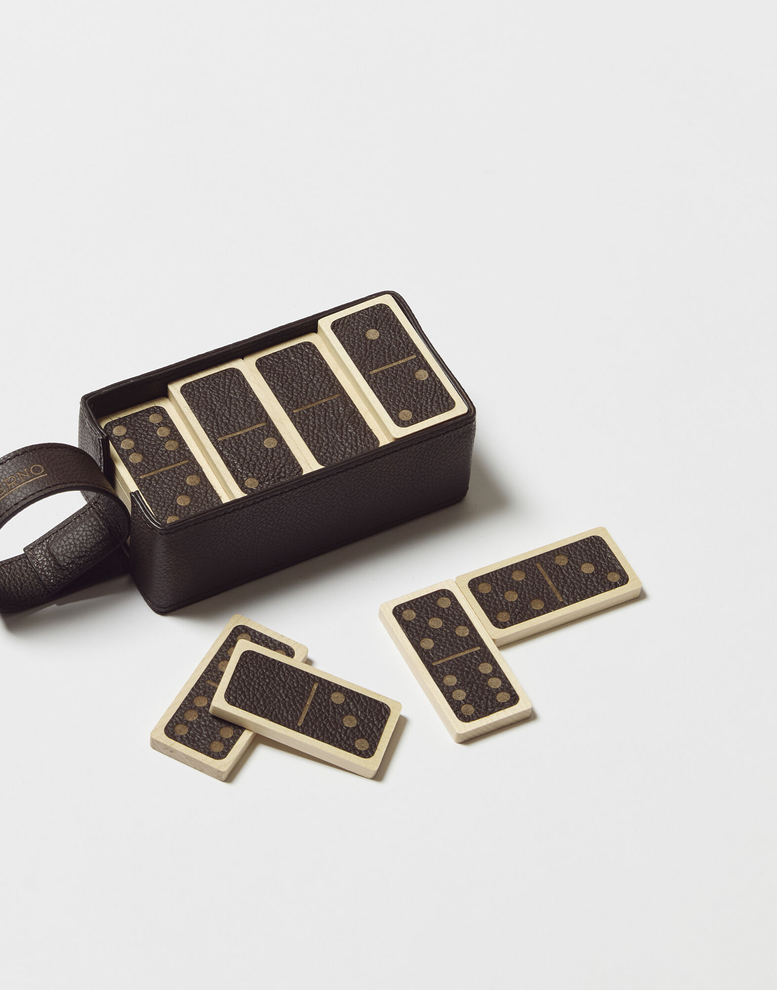 WOOD AND LEATHER DOMINOES SET