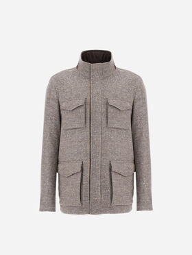 FELDJACKE RESORT AUS BOUCLÉ-GEWEBE AUS WOLLE UND MIKROFASER MIT VELOURSLEDEREFFEKT