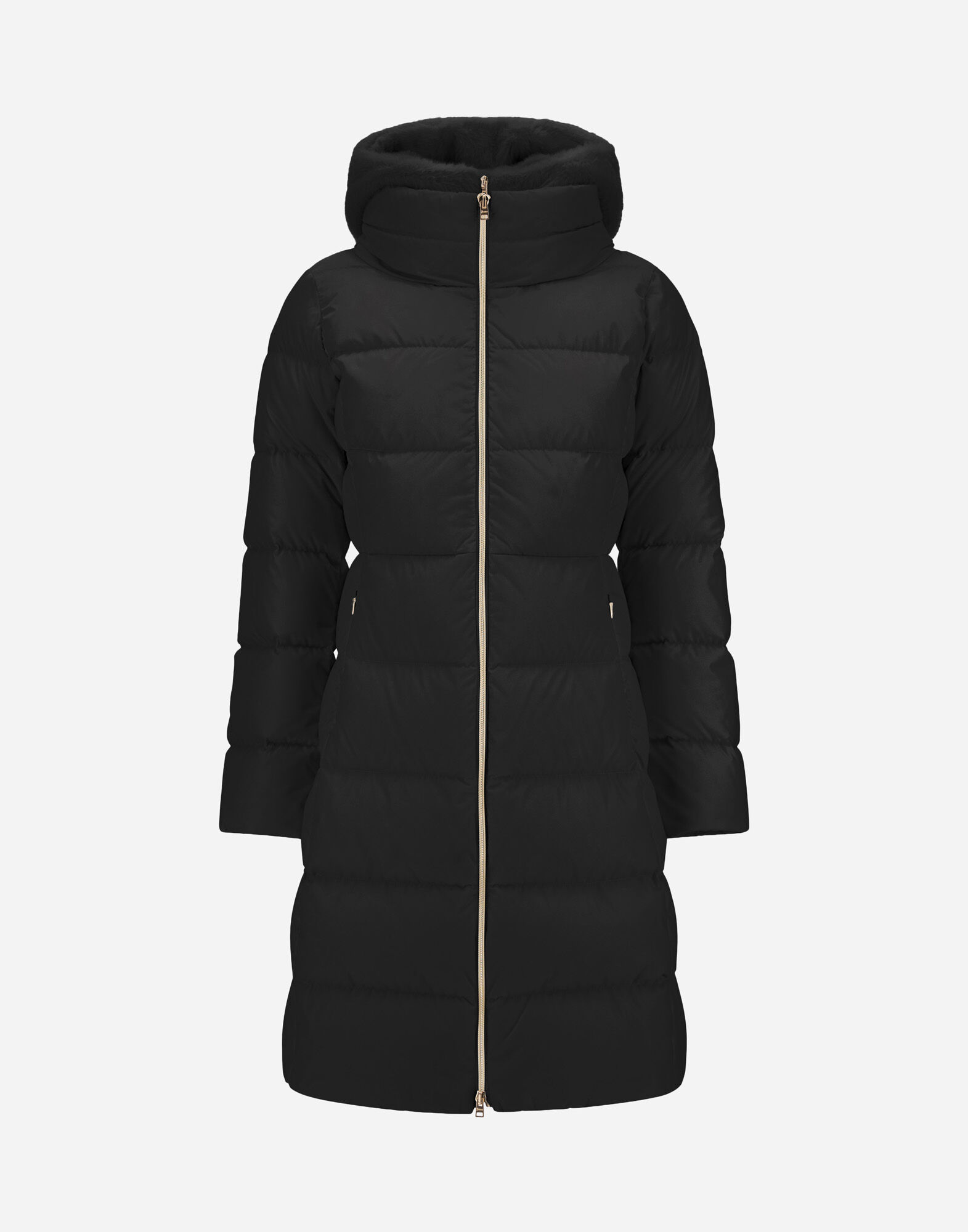 LONG JACKET IN SATIN AND BEAVER-EFFECT FUR-TOUCH