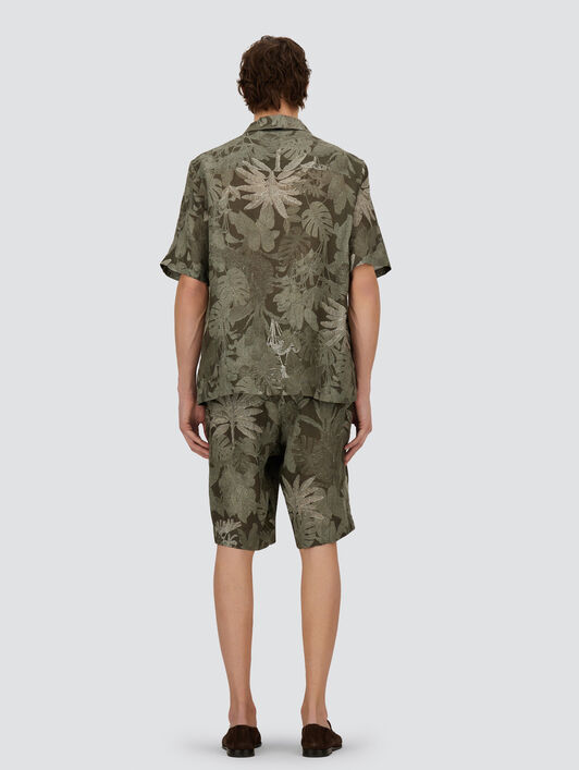 SHORTS CARGO IN LINO DELAVÈ E LINO CON STAMPA TROPICALE