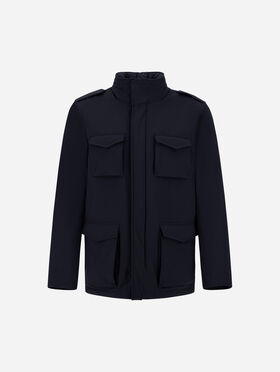 FELDJACKE RESORT AUS BOUCLÉ-GEWEBE AUS WOLLE UND MIKROFASER MIT VELOURSLEDEREFFEKT