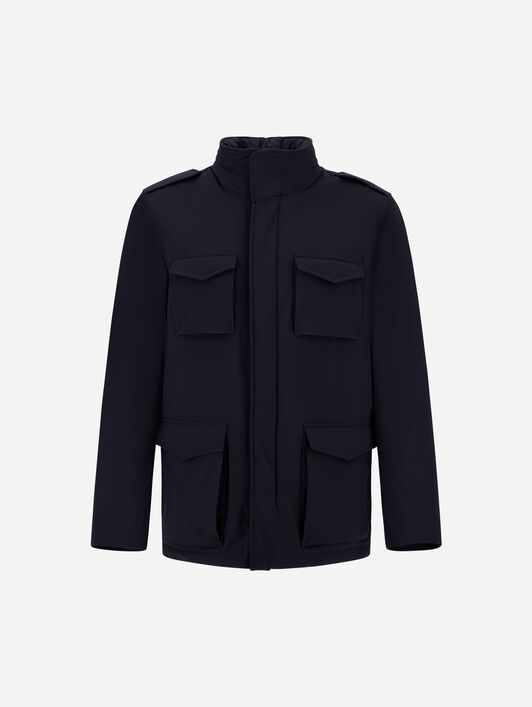 FELDJACKE RESORT AUS BOUCLÉ-GEWEBE AUS WOLLE UND MIKROFASER MIT VELOURSLEDEREFFEKT